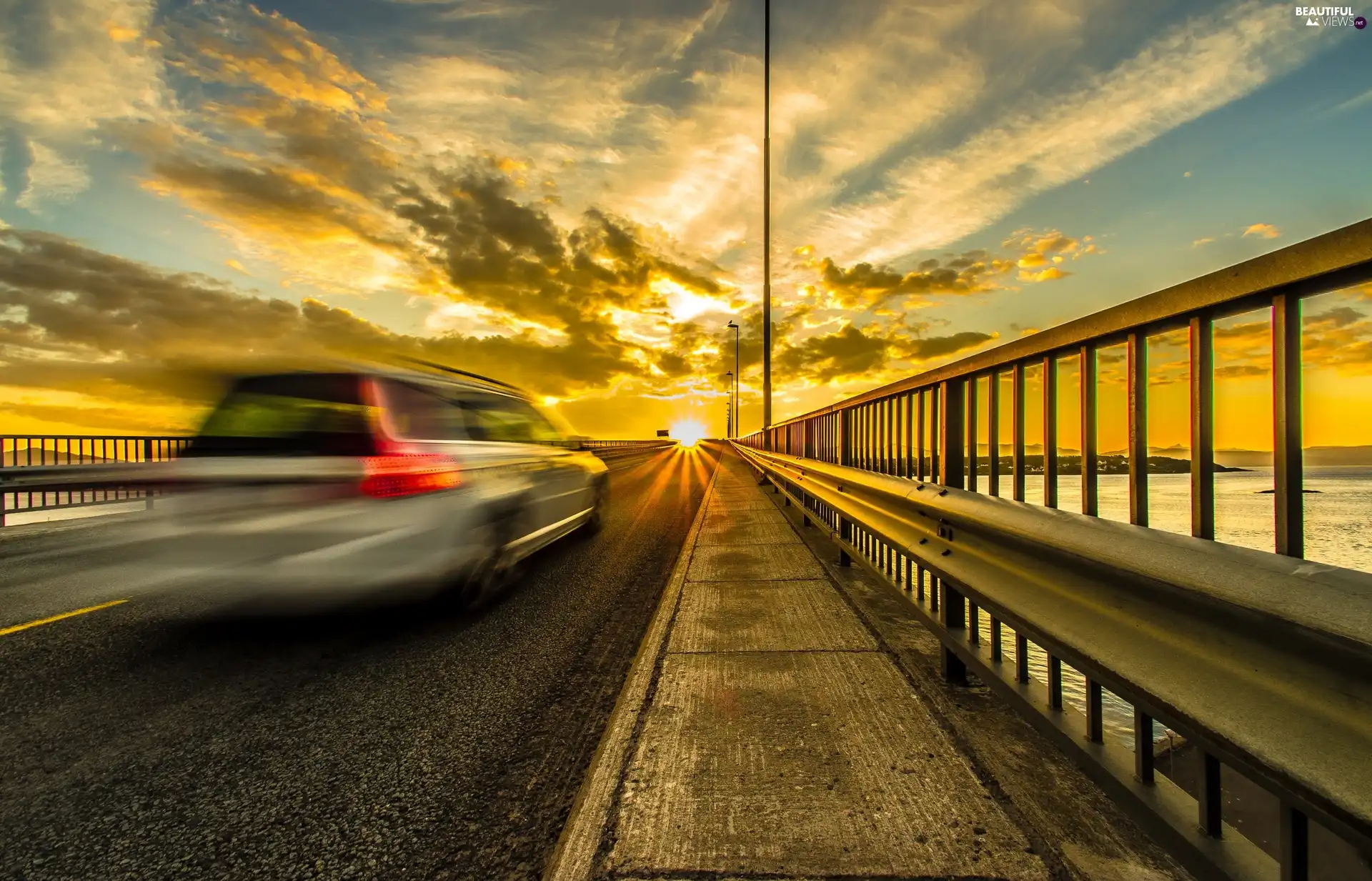 motor car, speed, sun, bridge, west