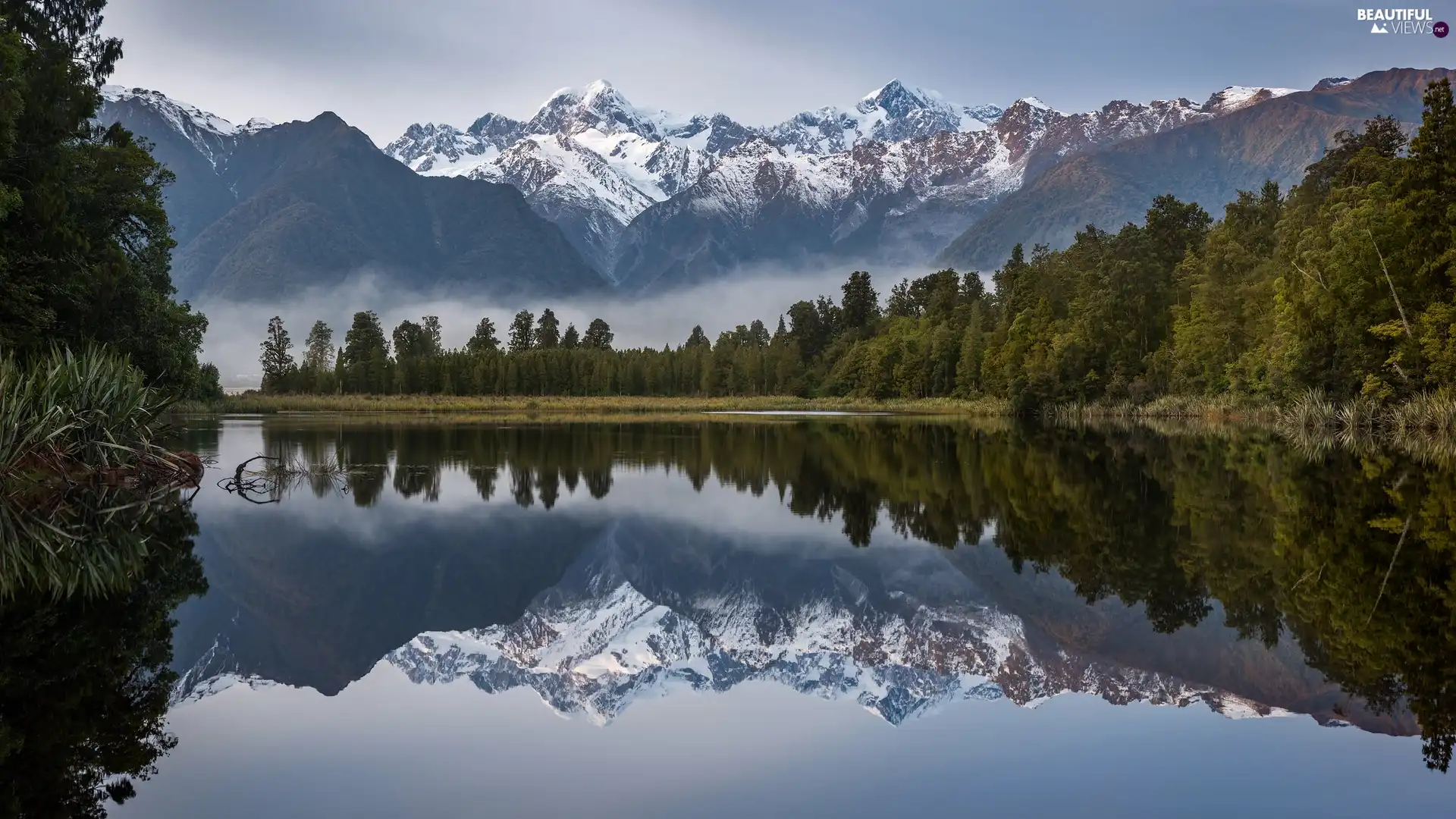 Mountains, Mount Cook National Park, trees, viewes, Mount Cook, New Zeland, reflection, Matheson Lake, Fog