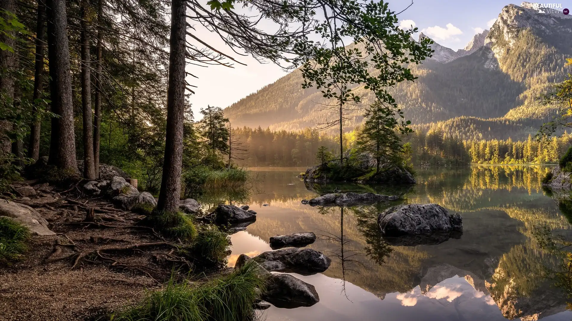 Mountains, Alps, viewes, Lake Hintersee, trees, Bavaria, Germany, rocks