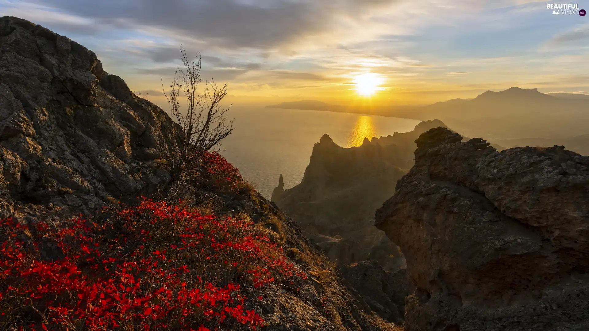 peaks, Sunrise, Black Sea, Crimea, rocks, Crimean Mountains