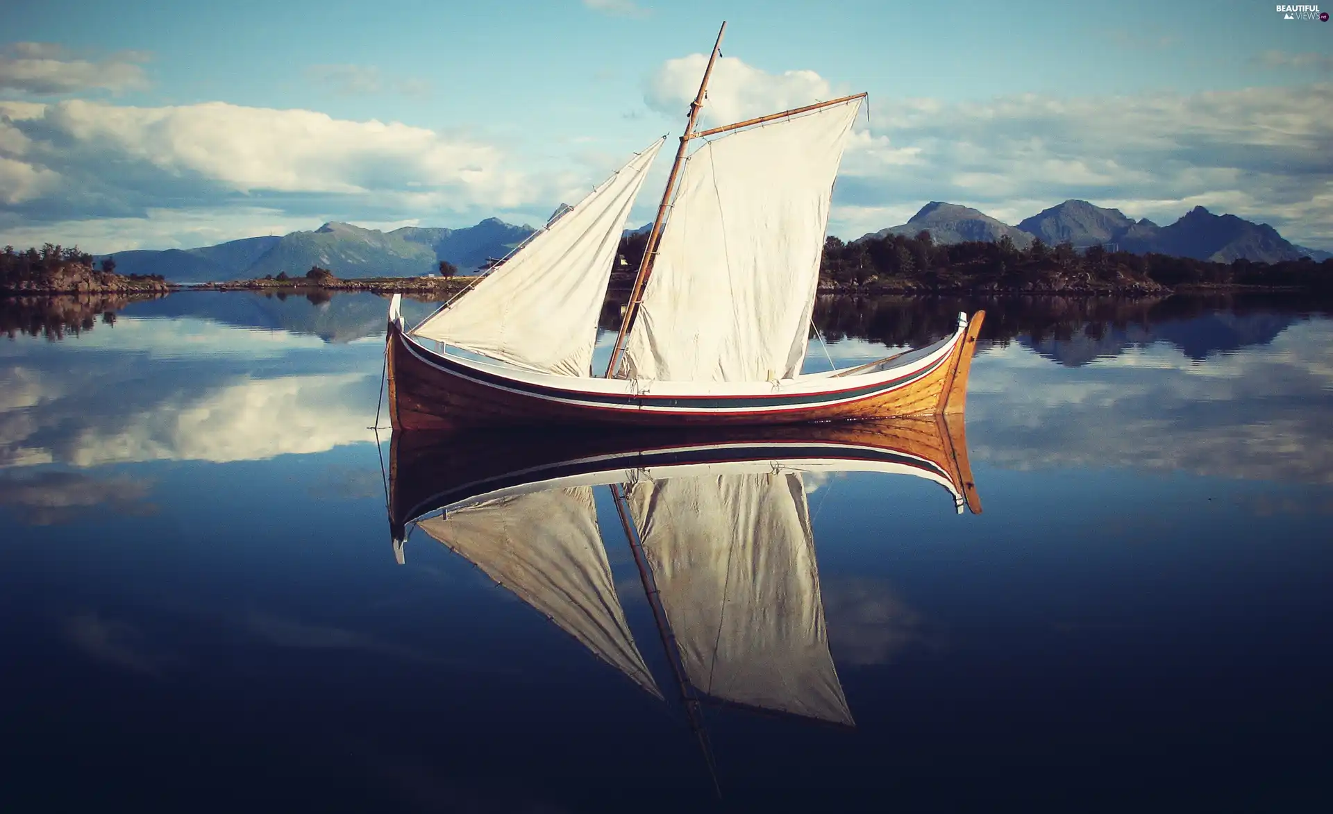 Boat, lake, Mountains, sail