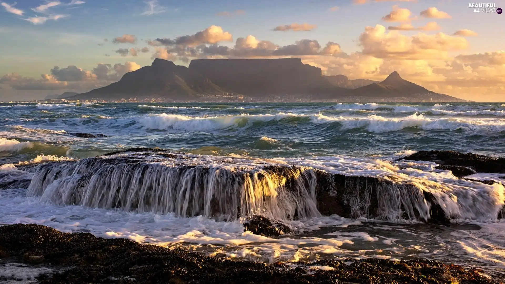 Mountains, clouds, Waves, waterfall, River