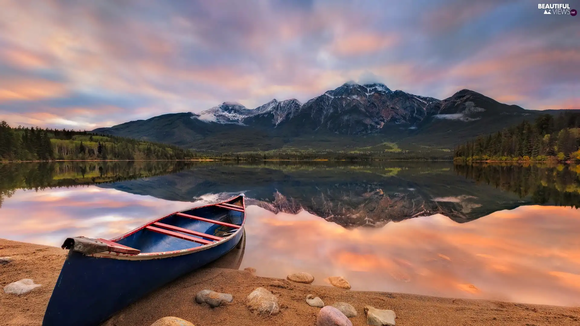 Boat, Mountains, coast, Stones, lake