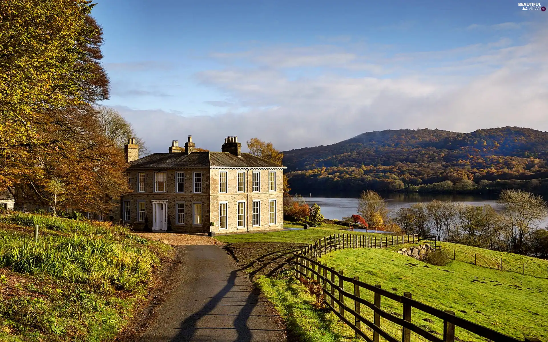 house, Way, Mountains, England, lake, Meadow