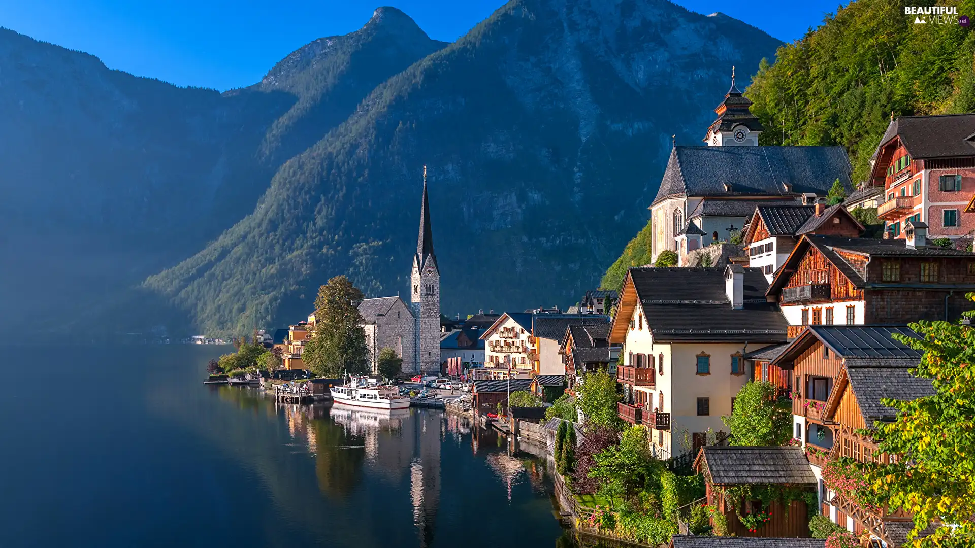 Mountains, woods, Austria, trees, Town Hallstatt, Hallstattersee Lake, Houses, viewes