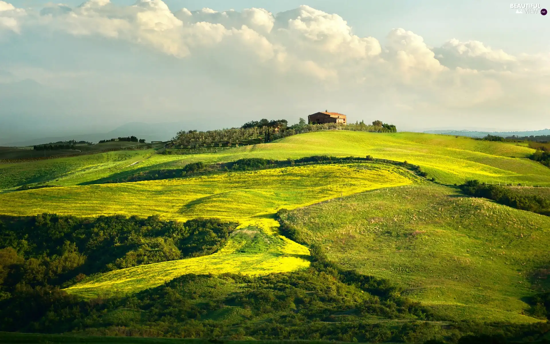 roads, Houses, Tuscany, medows, vineyard, Mountains, Italy