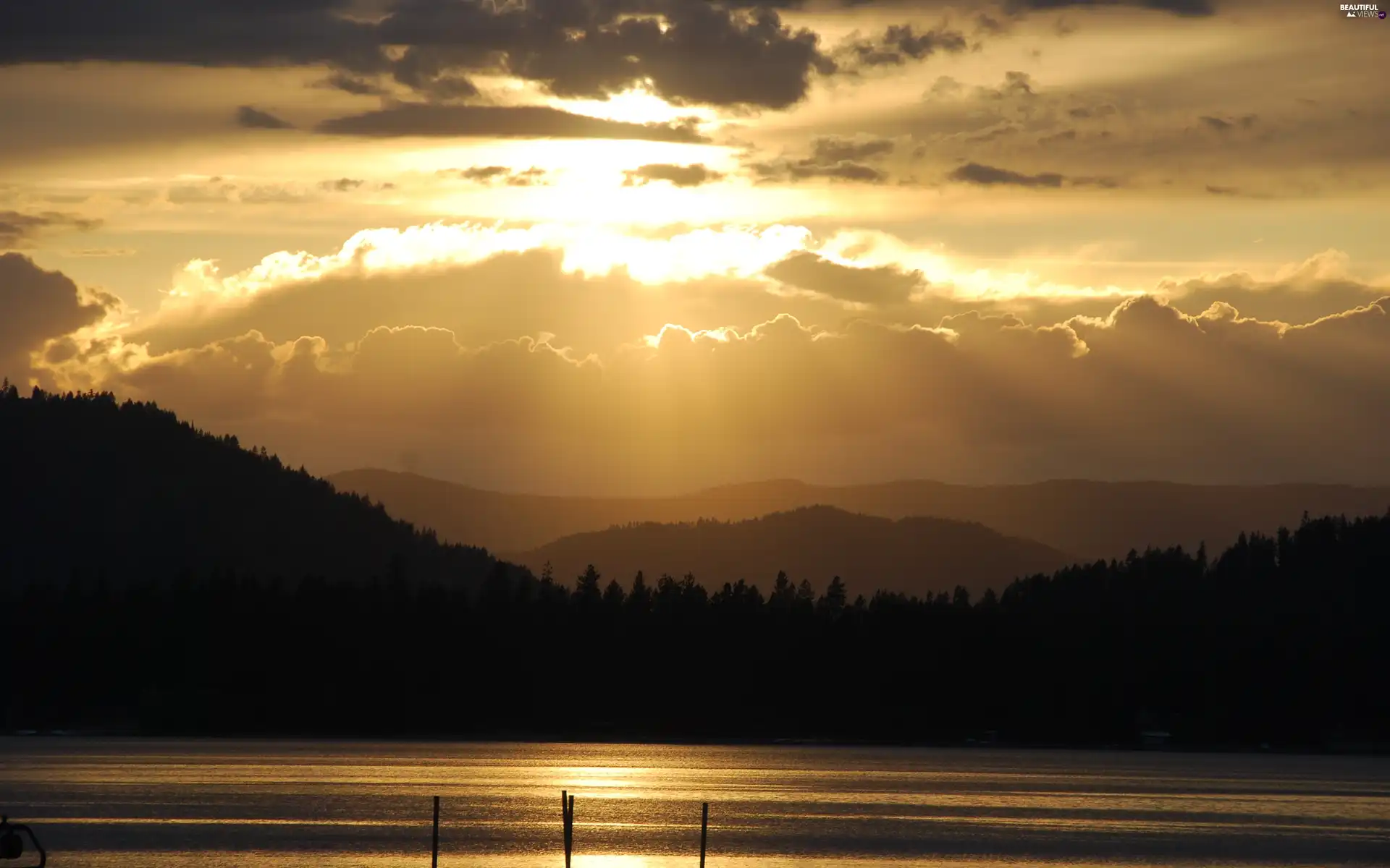 Mountains, lake, sun, clouds, west