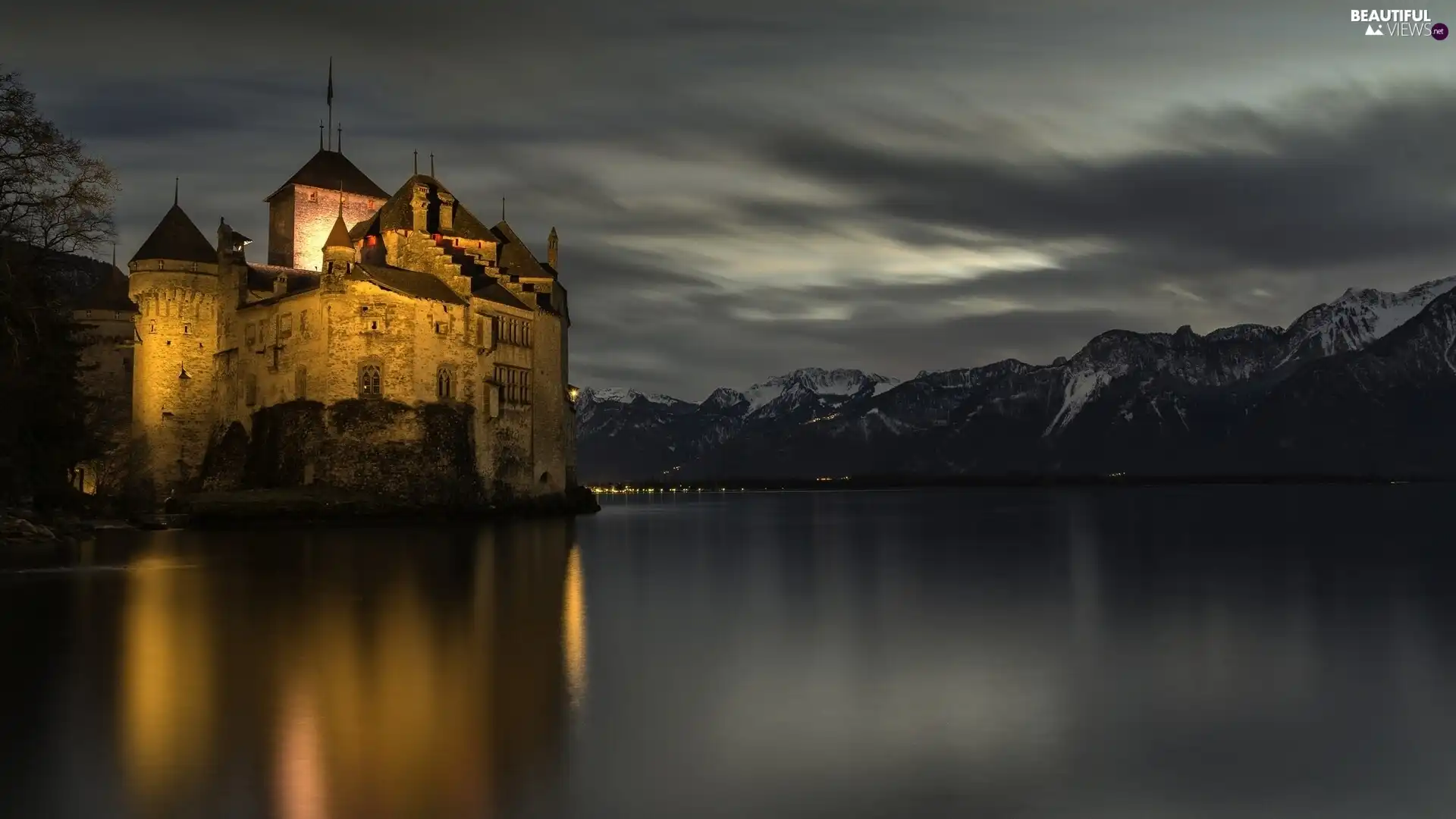 Mountains, Night, Castle, lake, Floodlit