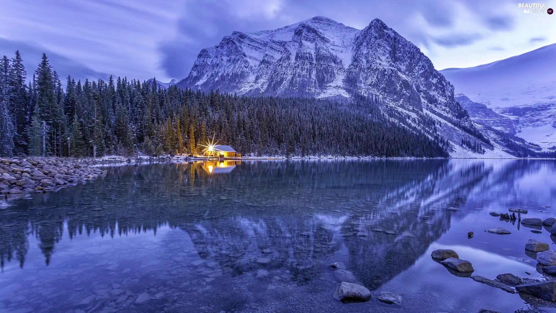 house, Province of Alberta, Lake Louise, clouds, Mountains, Canada, Banff National Park, winter, Stones, forest