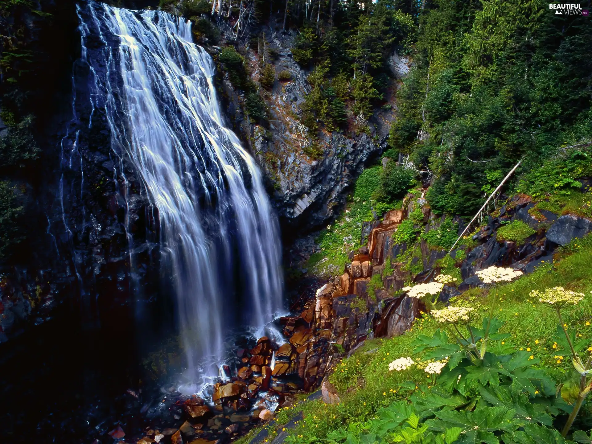 Mountains, waterfall, slope