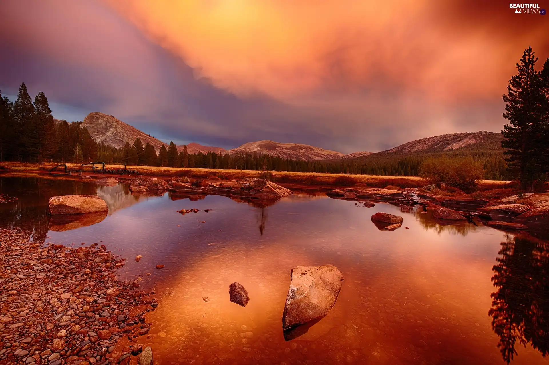 Great Sunsets, Stones, Mountains, River