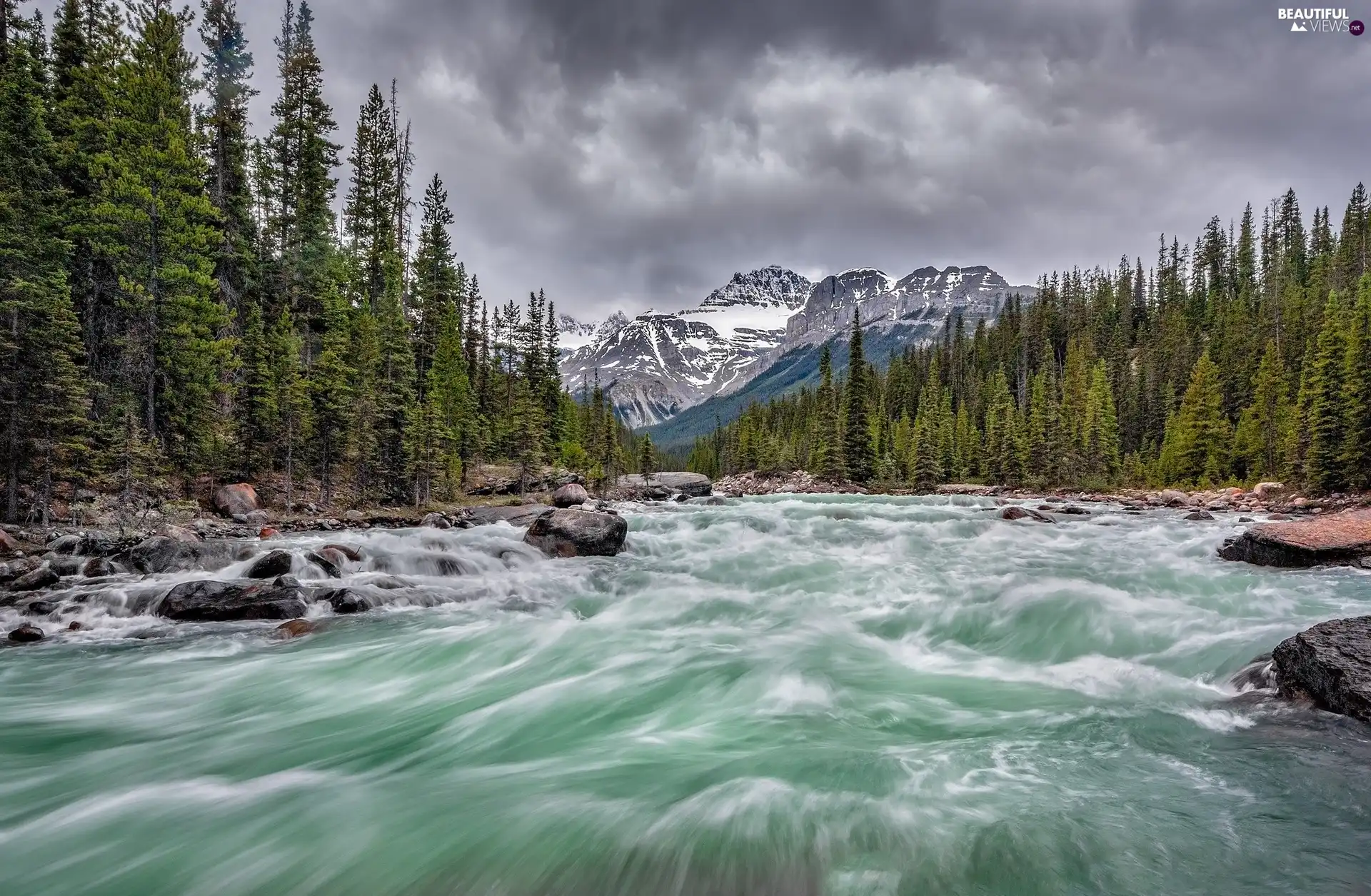 Stones, River, trees, Mountains, tear, Spruces, viewes