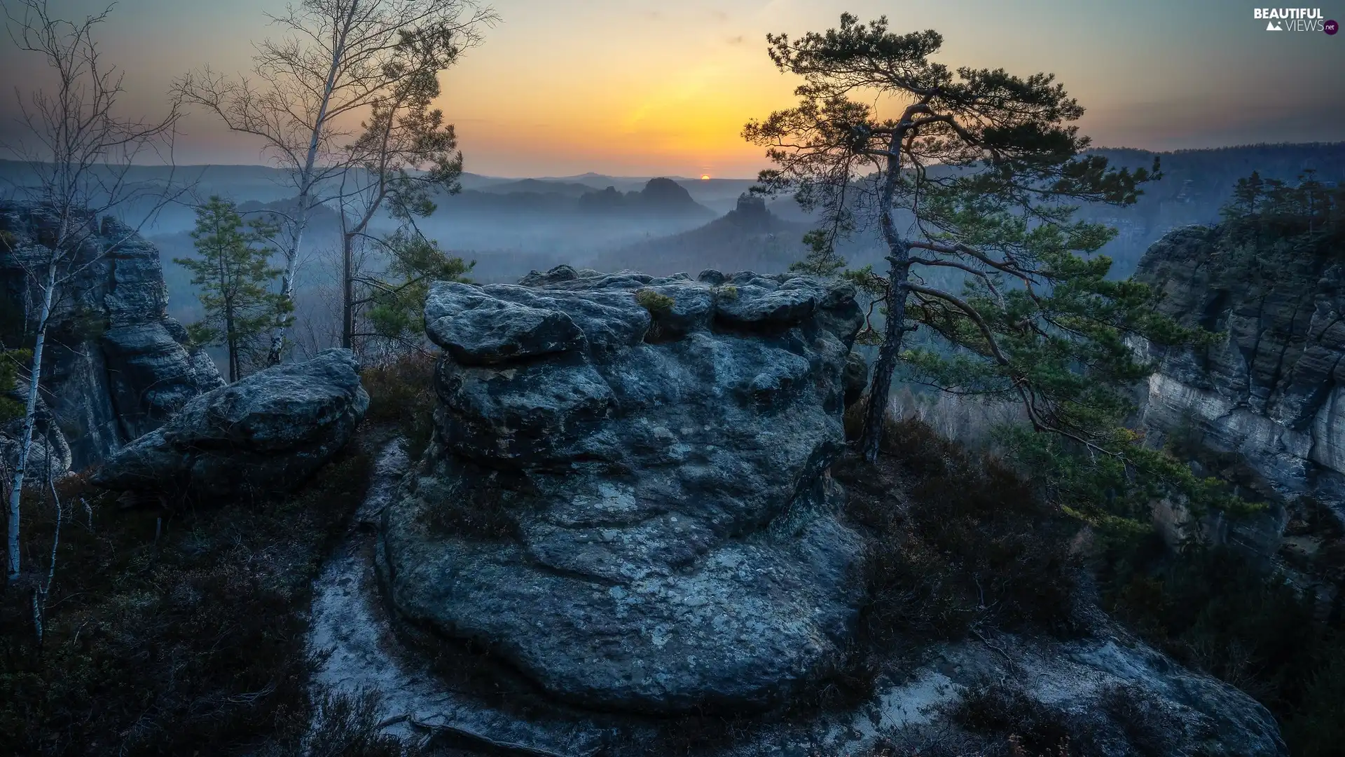 Sunrise, Mountains, trees, viewes, rocks