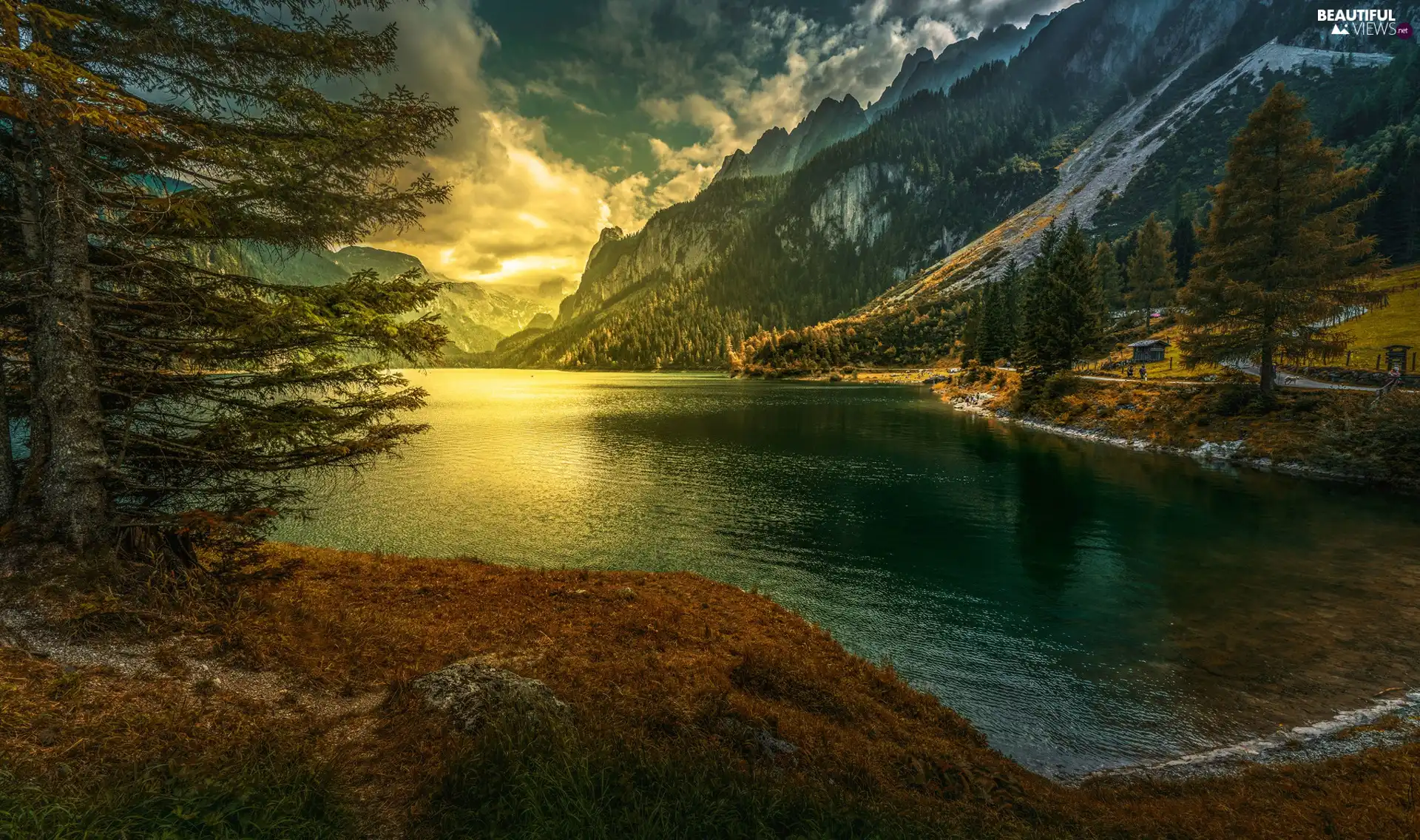 Great Sunsets, Gosau, Salzkammergut Area, trees, Dachstein Mountains, Austria, Gmunden District, viewes, woods, Gosauseen Lake