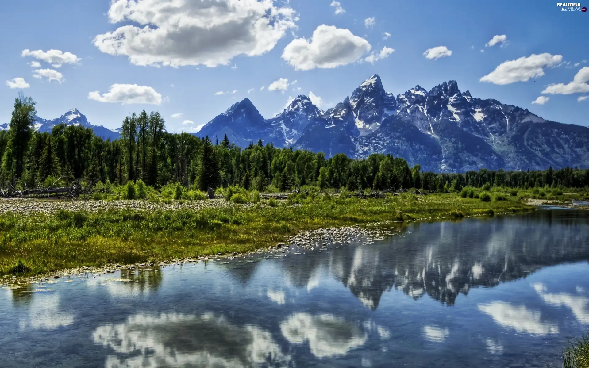 water, viewes, Mountains, trees