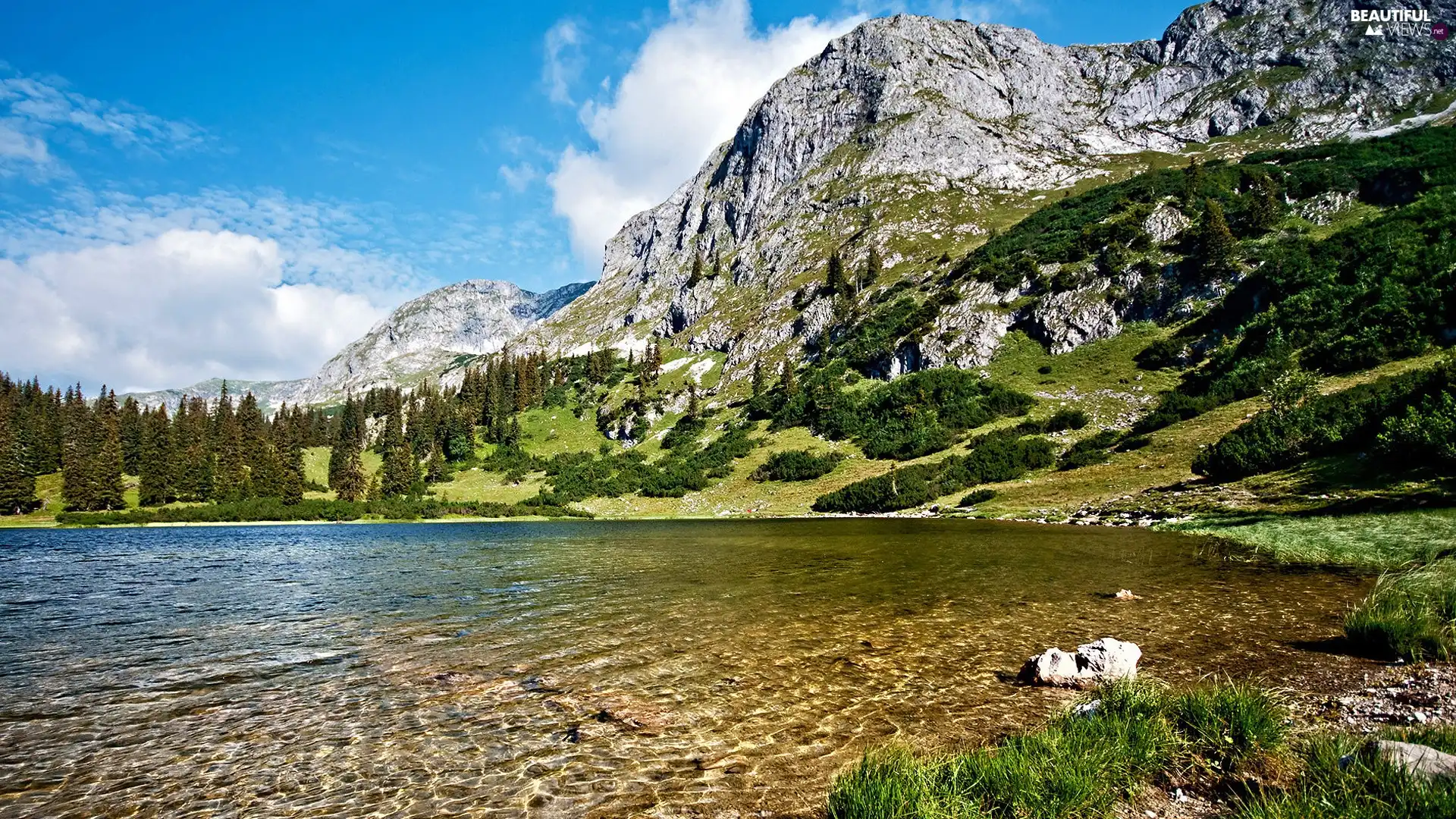 water, viewes, Mountains, trees