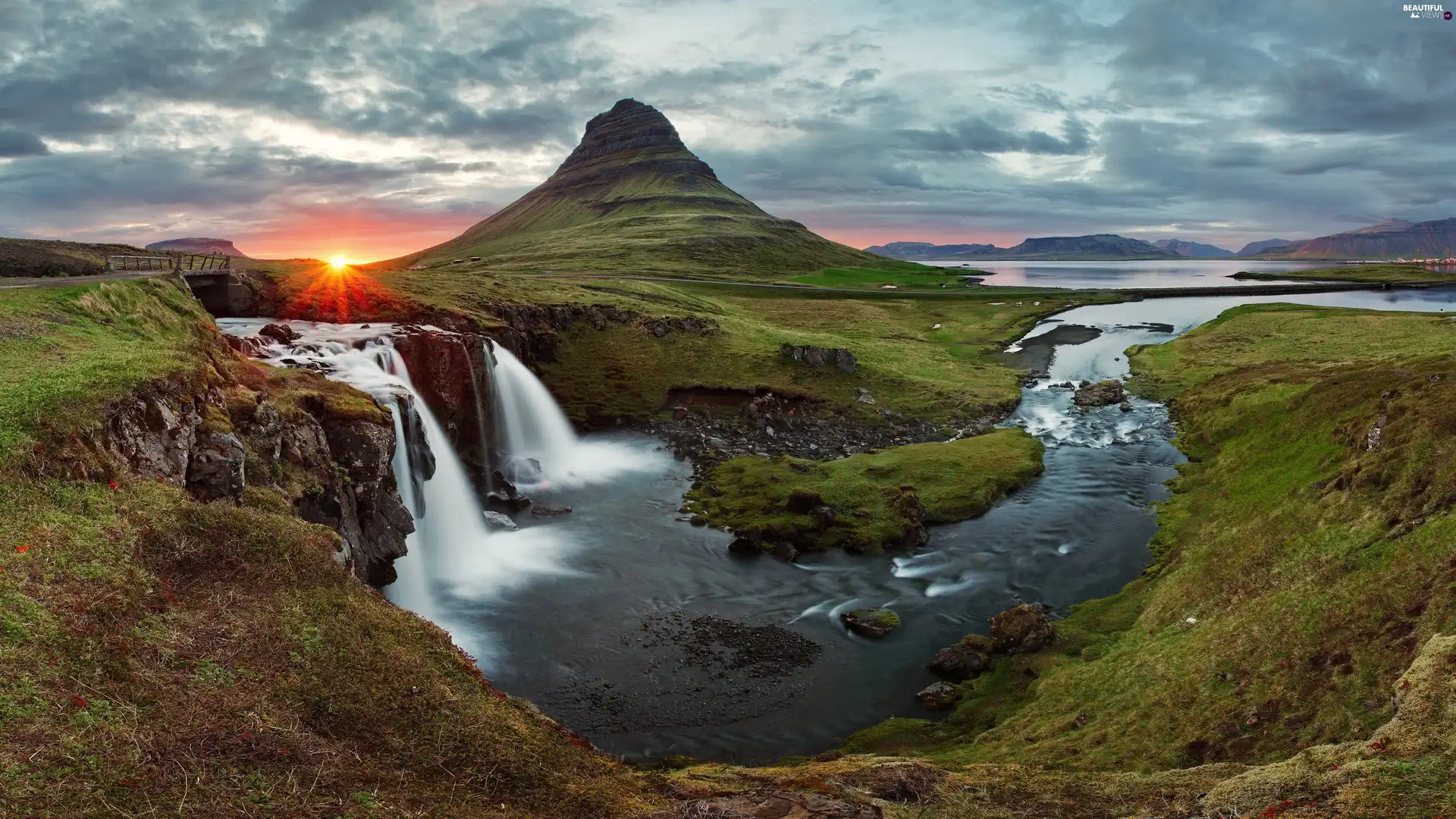 Mountains, iceland, River, Sunrise, waterfall