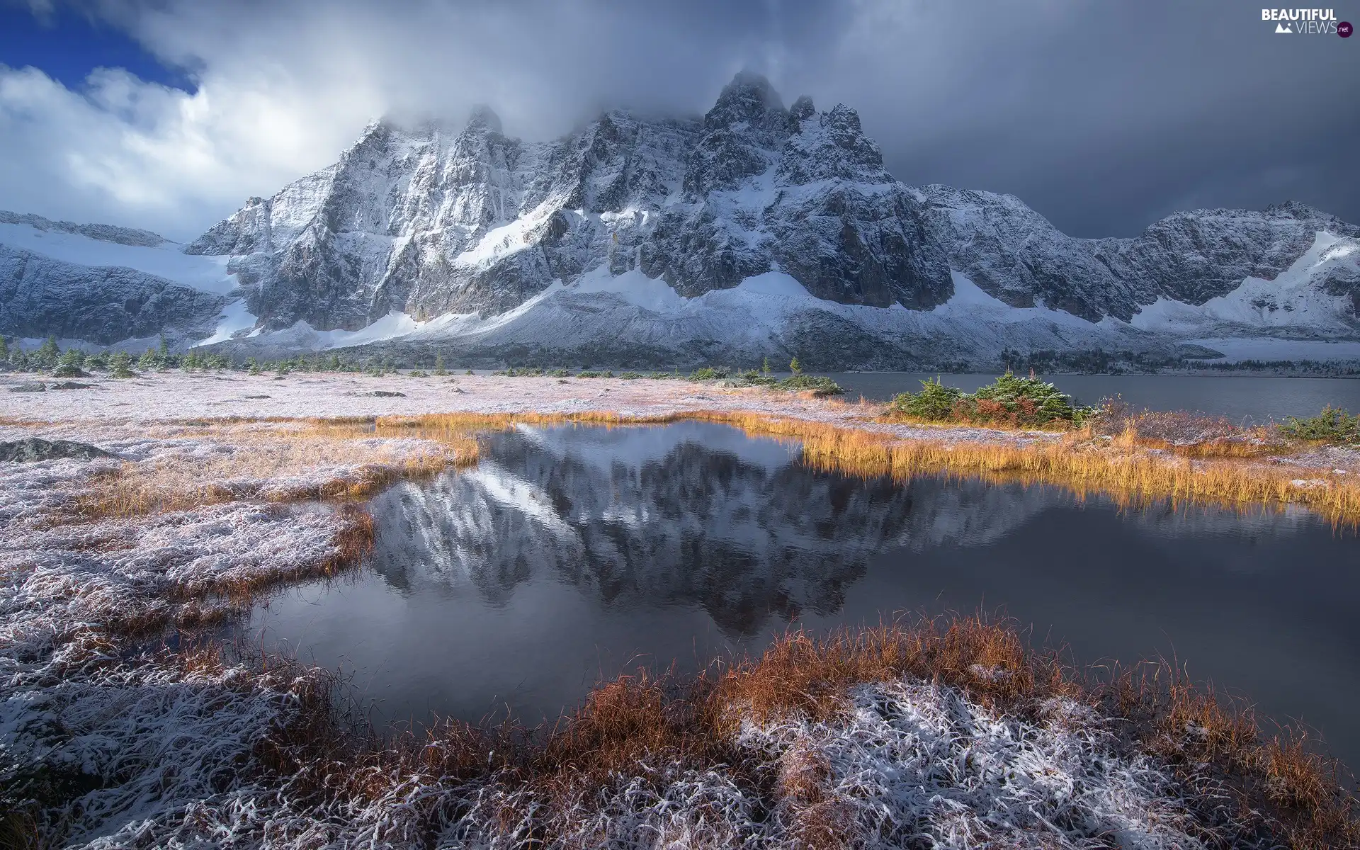 winter, lake, clouds, Mountains