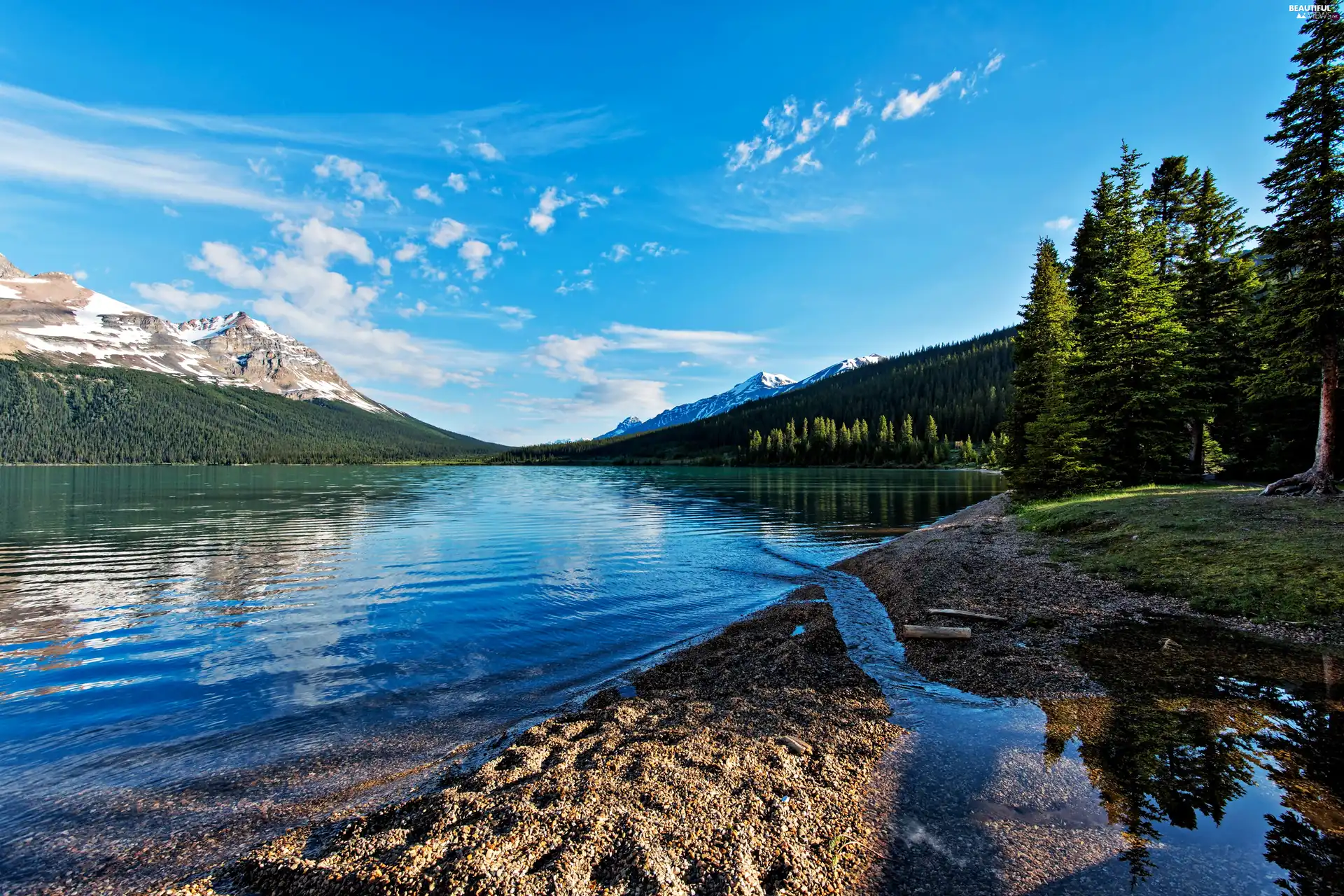 Mountains, River, woods