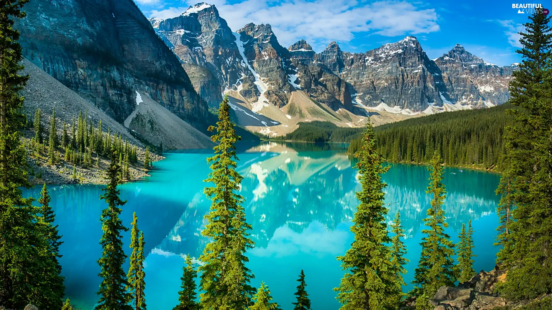 Province of Alberta, Canada, Banff National Park, Lake Moraine, Mountains, clouds, trees, viewes, Valley of the Ten Peaks