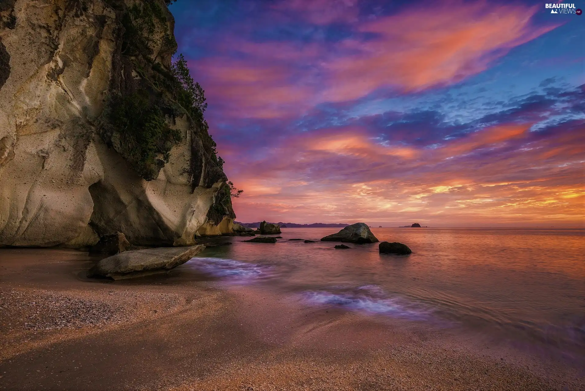 Pacific Ocean, Mercury Bay, Stones, Sunrise, Rocks, North Island, New Zeland, sea