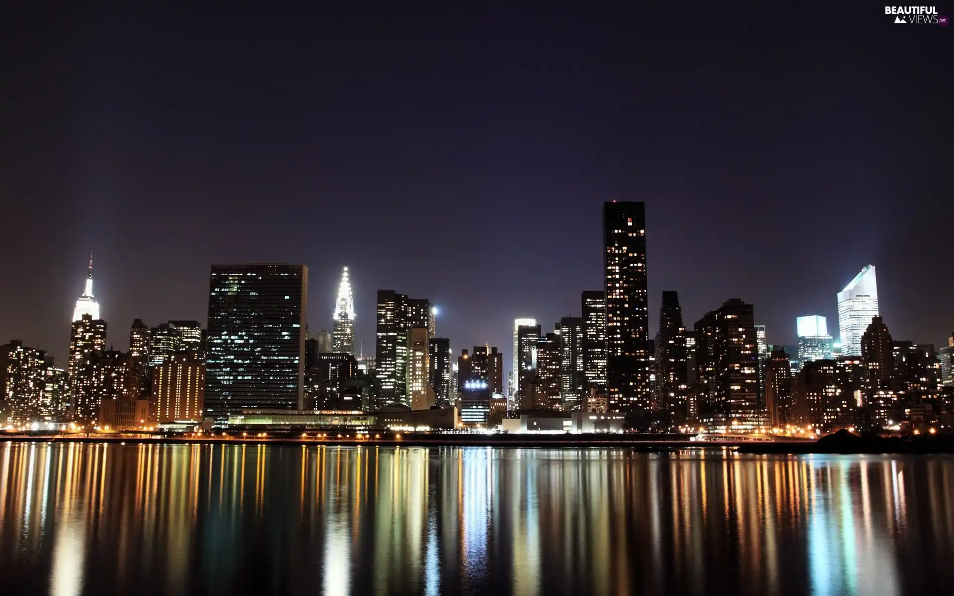 night, reflection, panorama, town, River