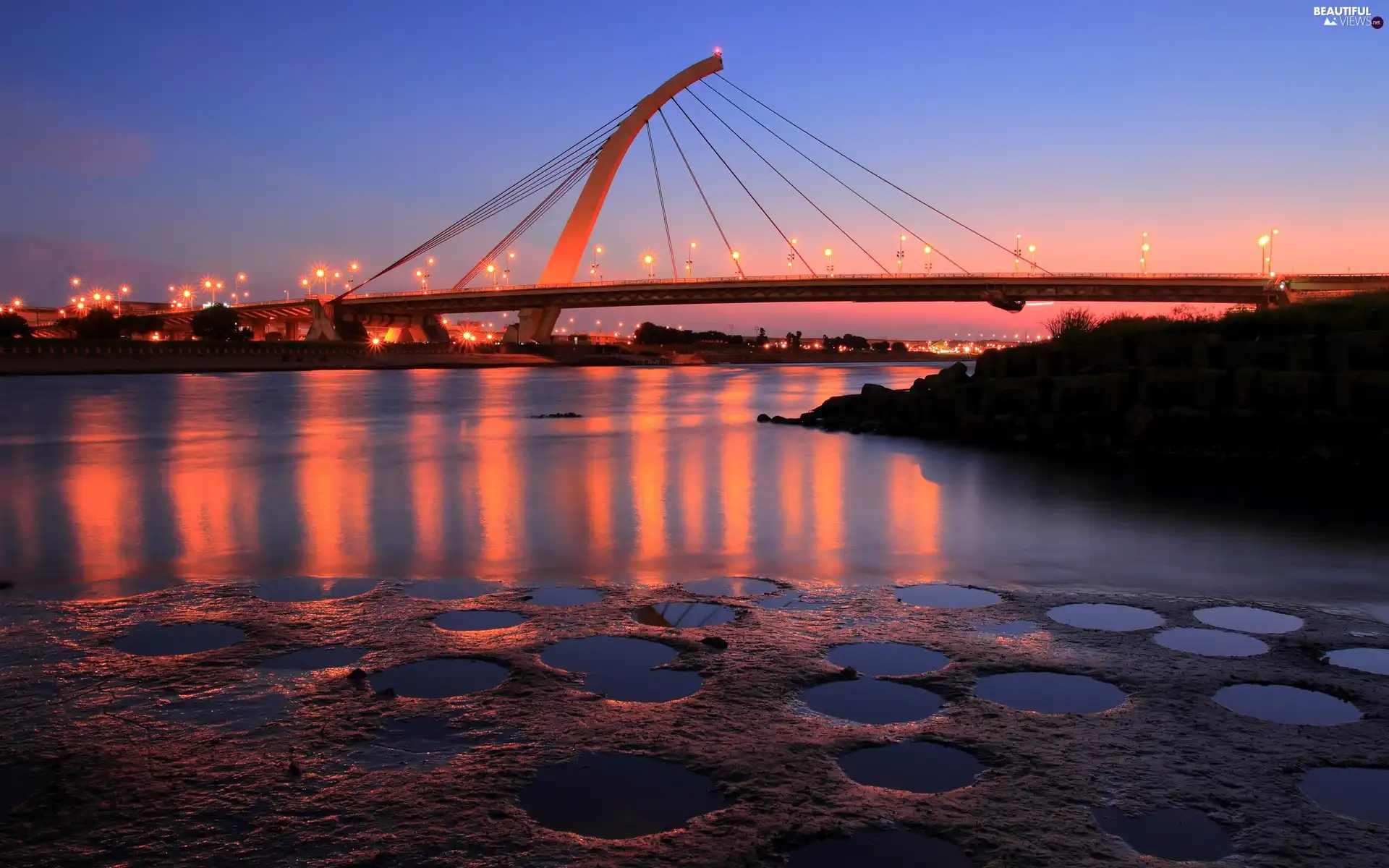 Night, bridge, River