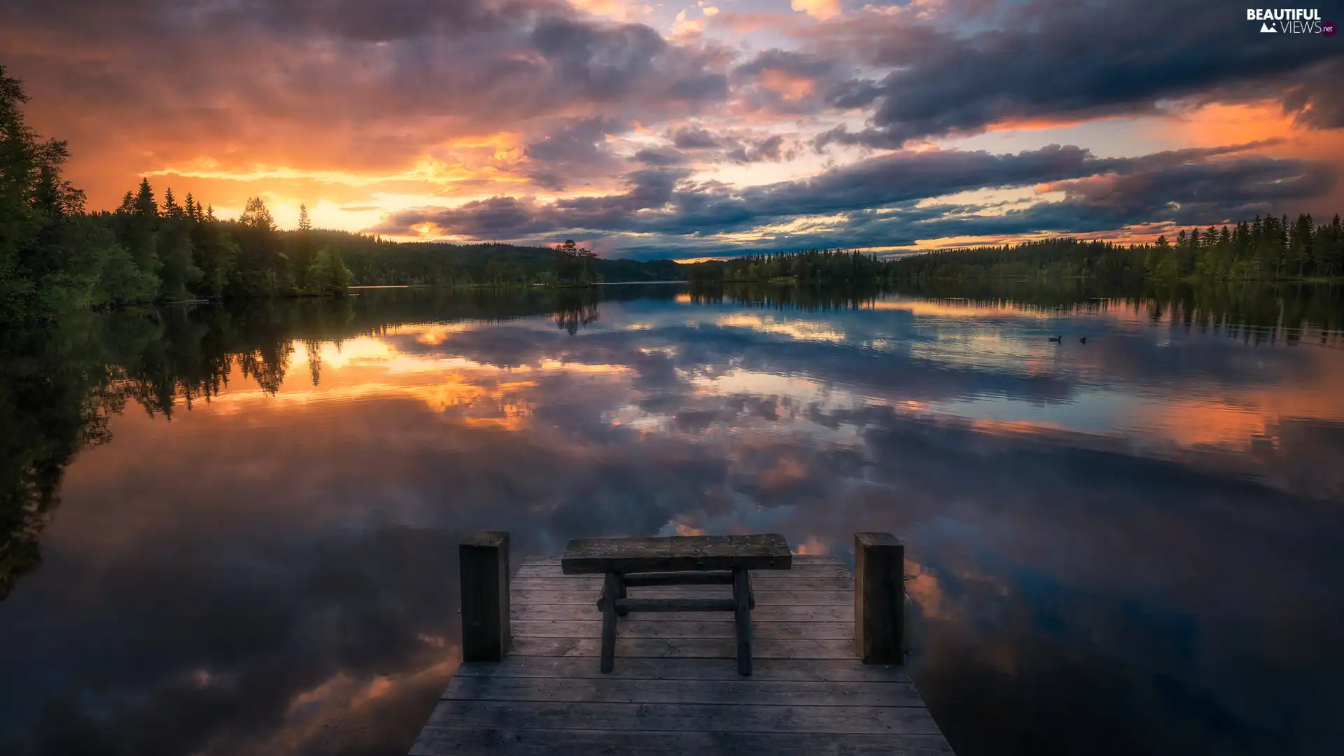 Norway, trees, Great Sunsets, viewes, Bench, Ringerike, Oyangen Lake, Platform