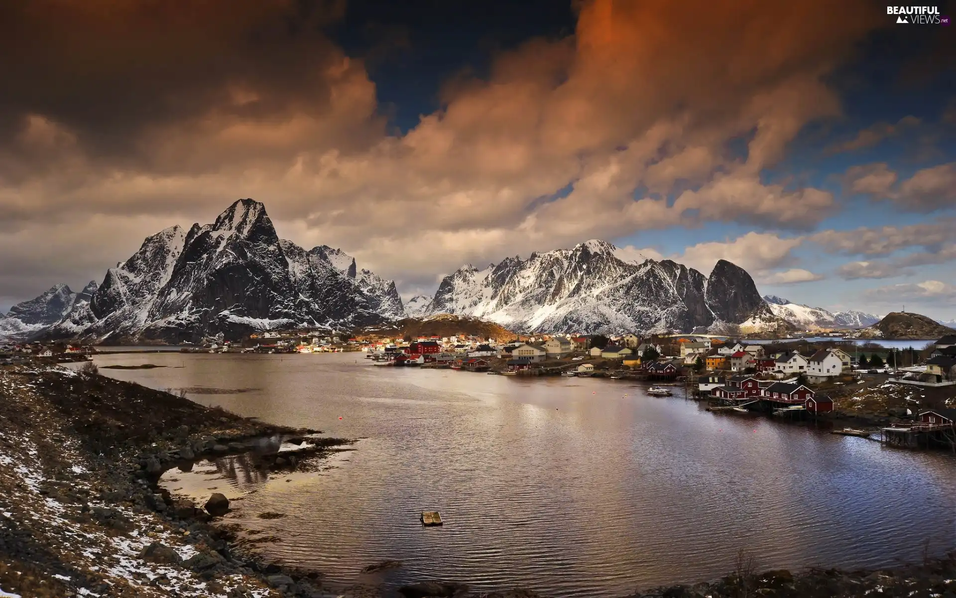 lake, Town, Norway, Mountains