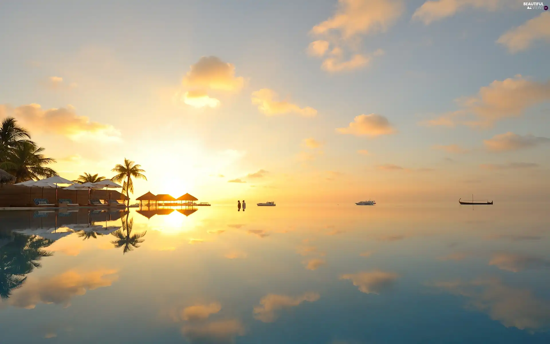 Palms, Houses, sun, sea, west