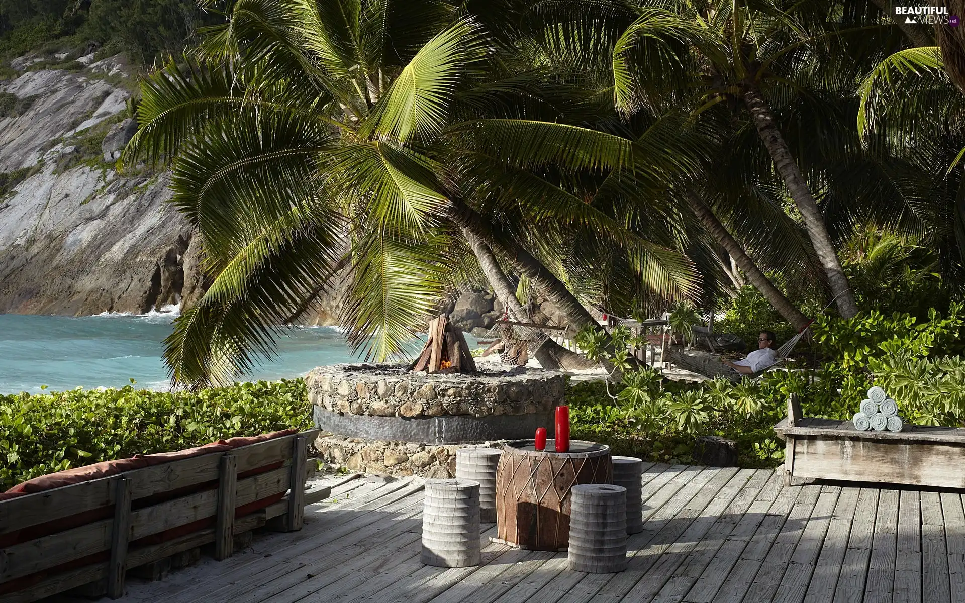 Palms, Hotel hall, rocks, Seychelles, Ocean, terrace