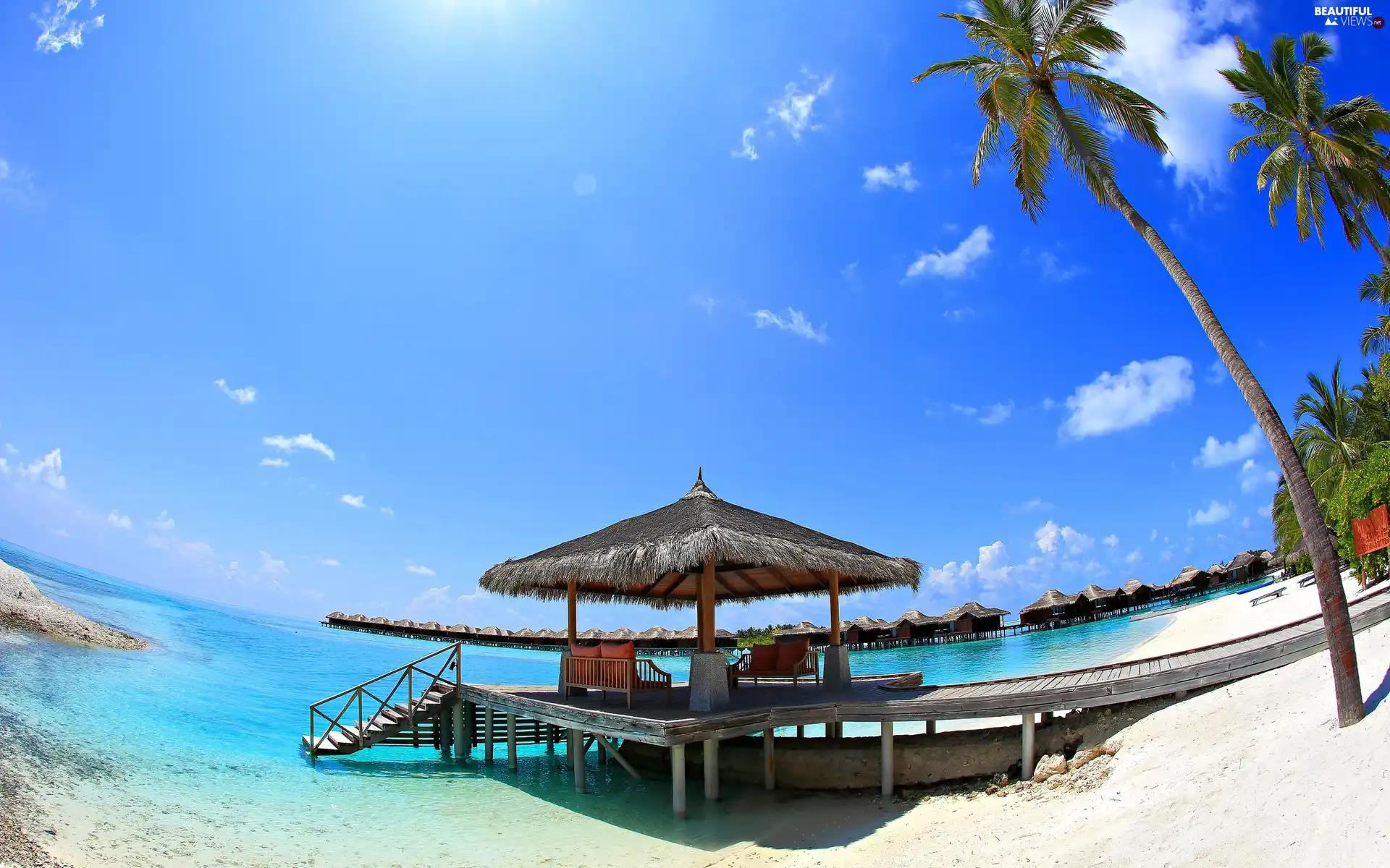 Beaches, an, sea, piles, Houses, Palms, Tropical