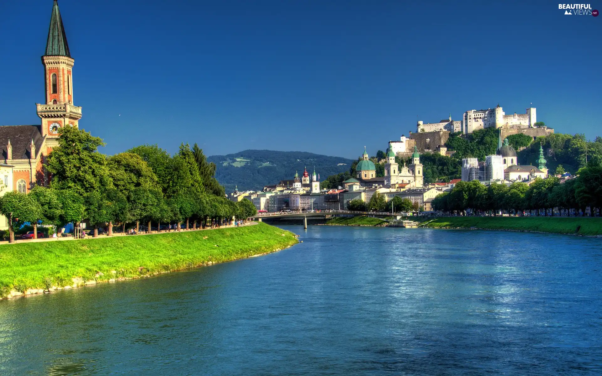 panorama, town, bridge, Church, River