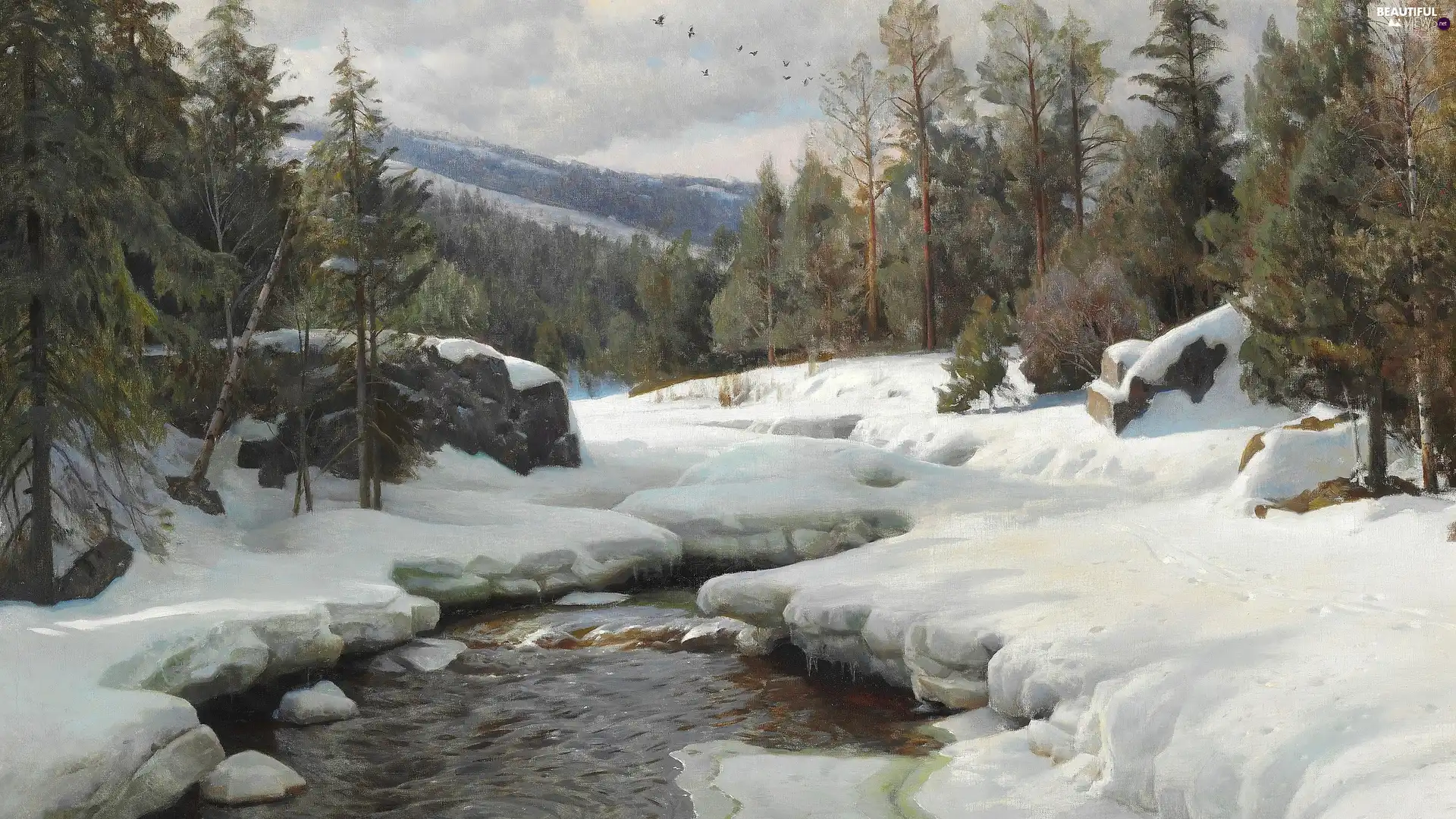 Peder Mork Monsted, winter, Mountains, River, viewes, picture, painting, trees