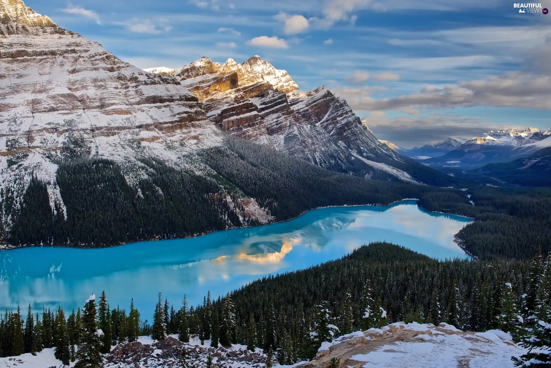 Mountains Canadian Rockies, Canada, woods, winter, Peyto Lake, Banff National Park