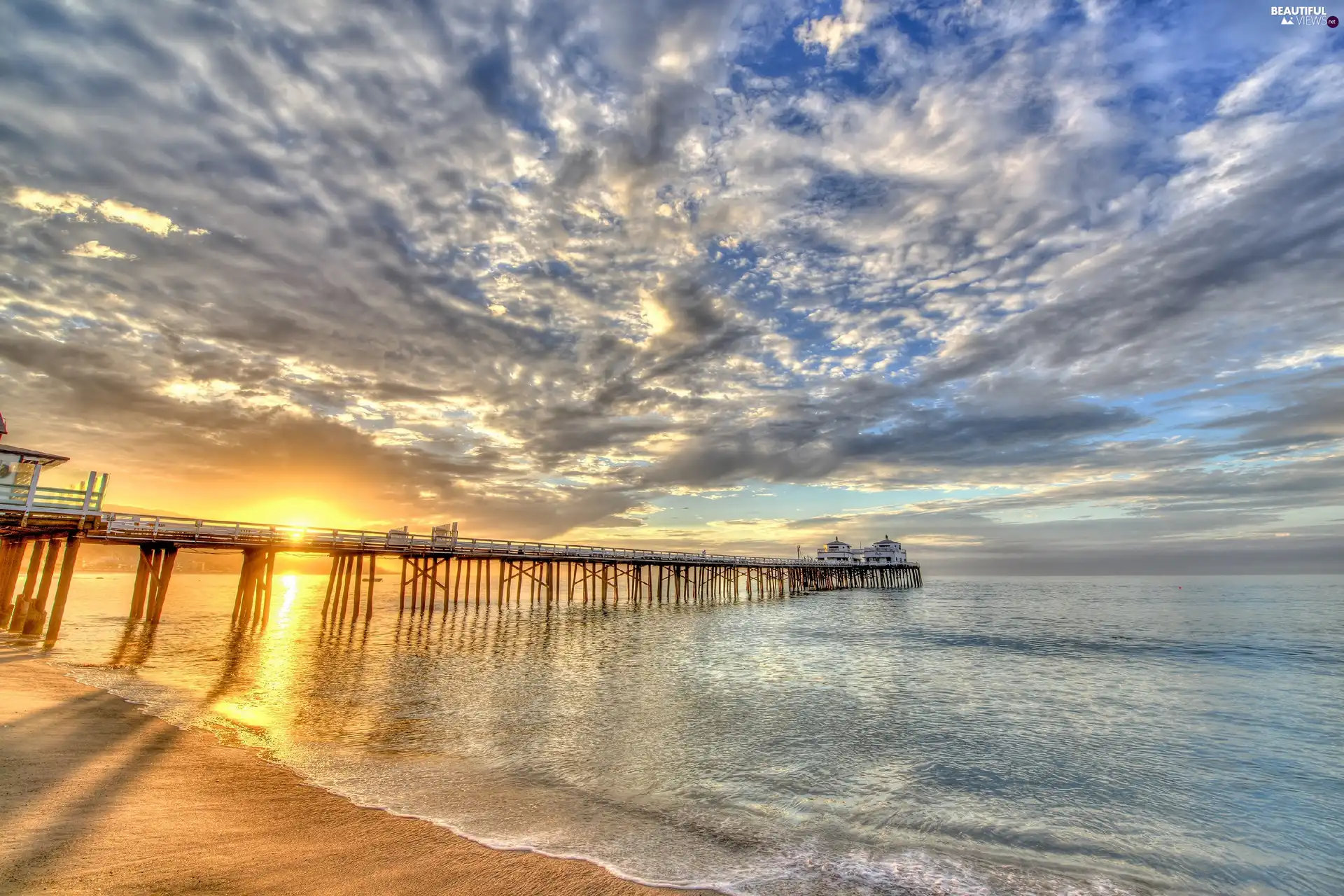 pier, clouds, sun, sea, west