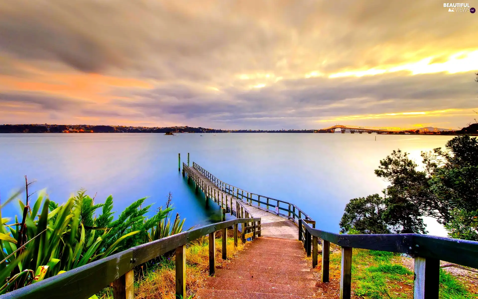 west, lake, pier, sun