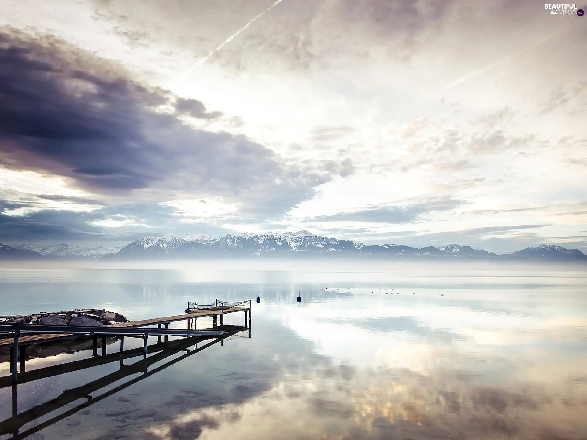 lake, clouds, Platform, Mountains