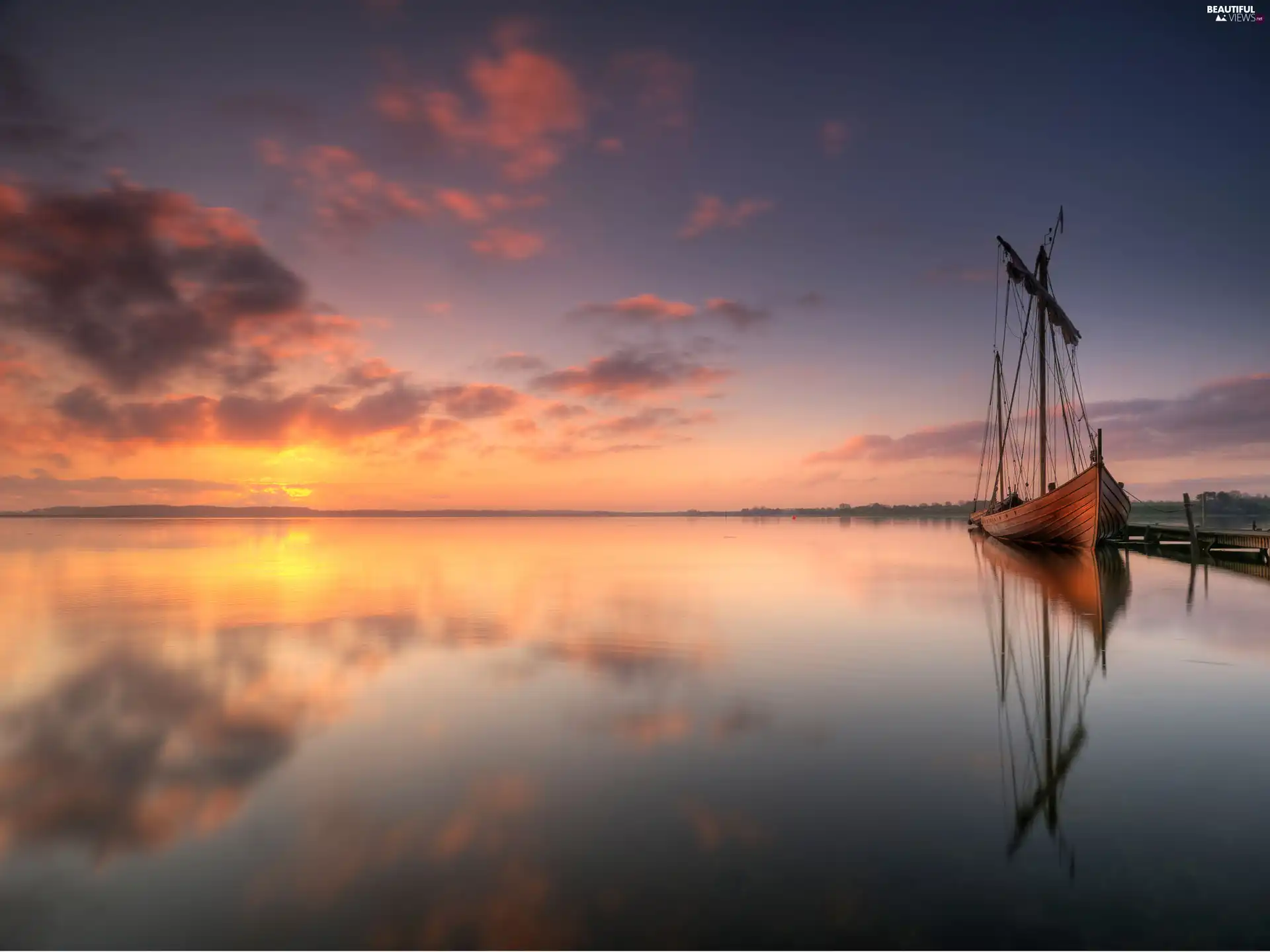 Przebijające, ligh, sailing vessel, sun, luminosity, clouds, sea, flash