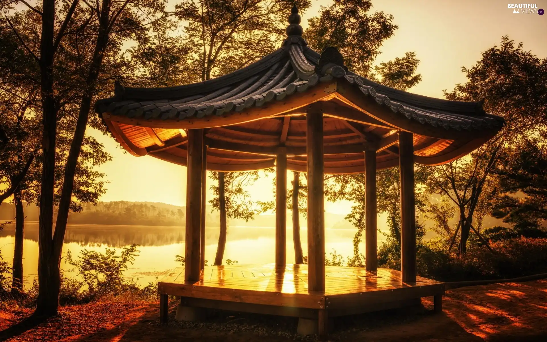 rays of the Sun, autumn, arbour, Way, lake