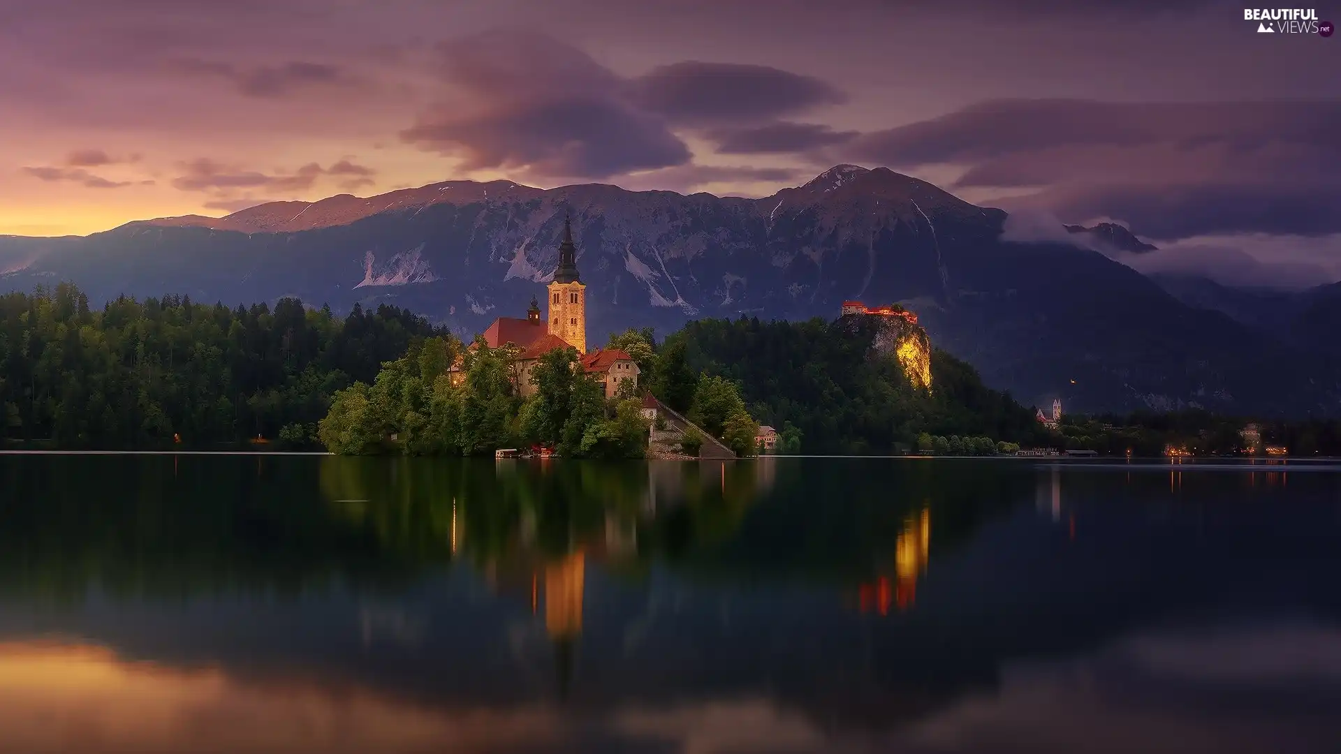 Lake Bled, Blejski Otok Island, reflection, Church of the Annunciation of the Virgin Mary, clouds, Dusk, Slovenia, Mountains