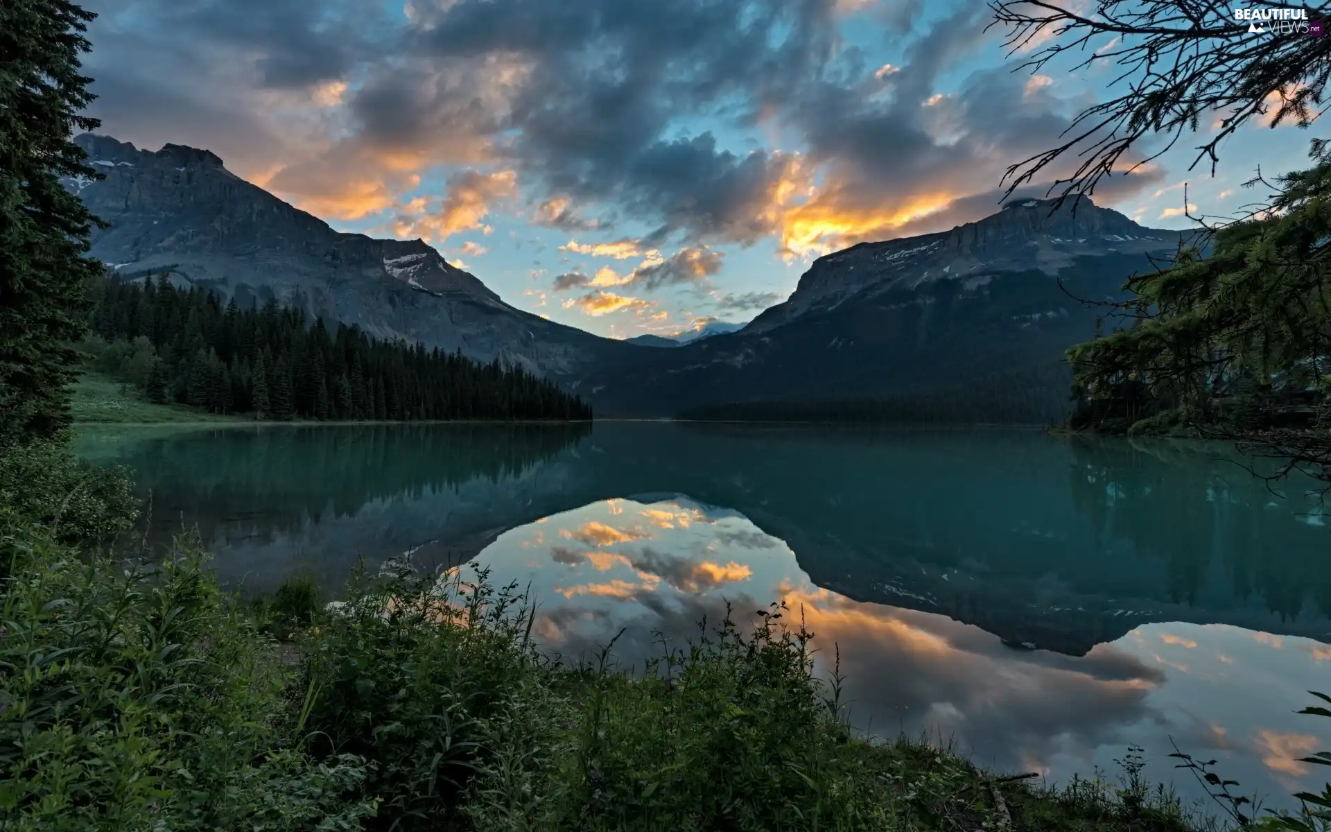 lake, clouds, reflection, Mountains