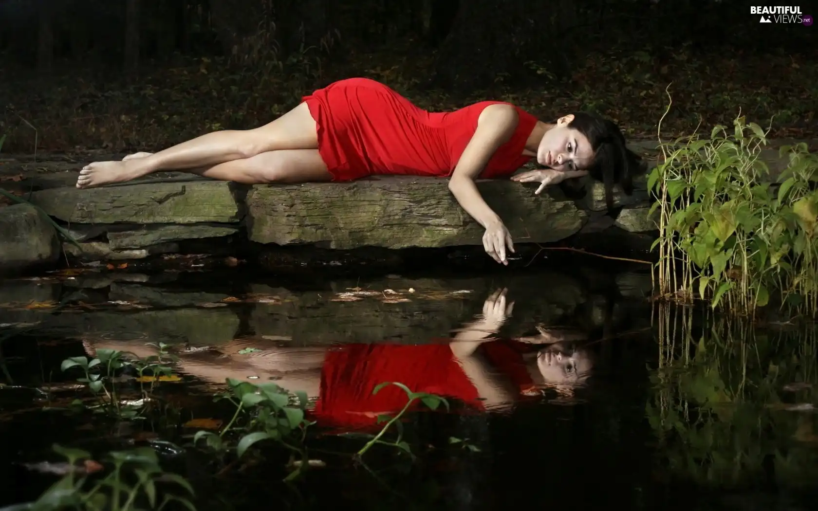 reflection, Women, lake