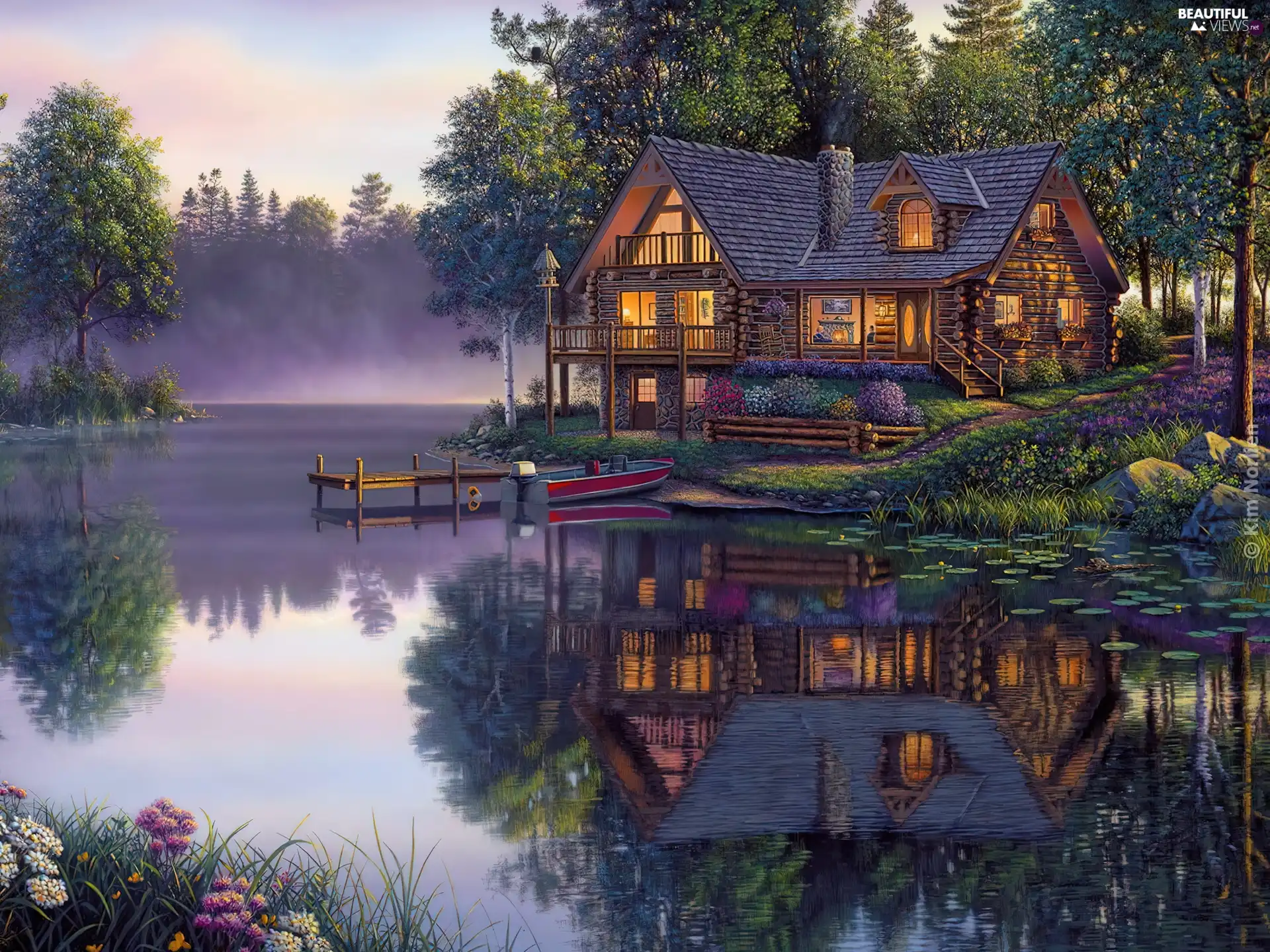 reflection, Mirror, lake, Boat, house