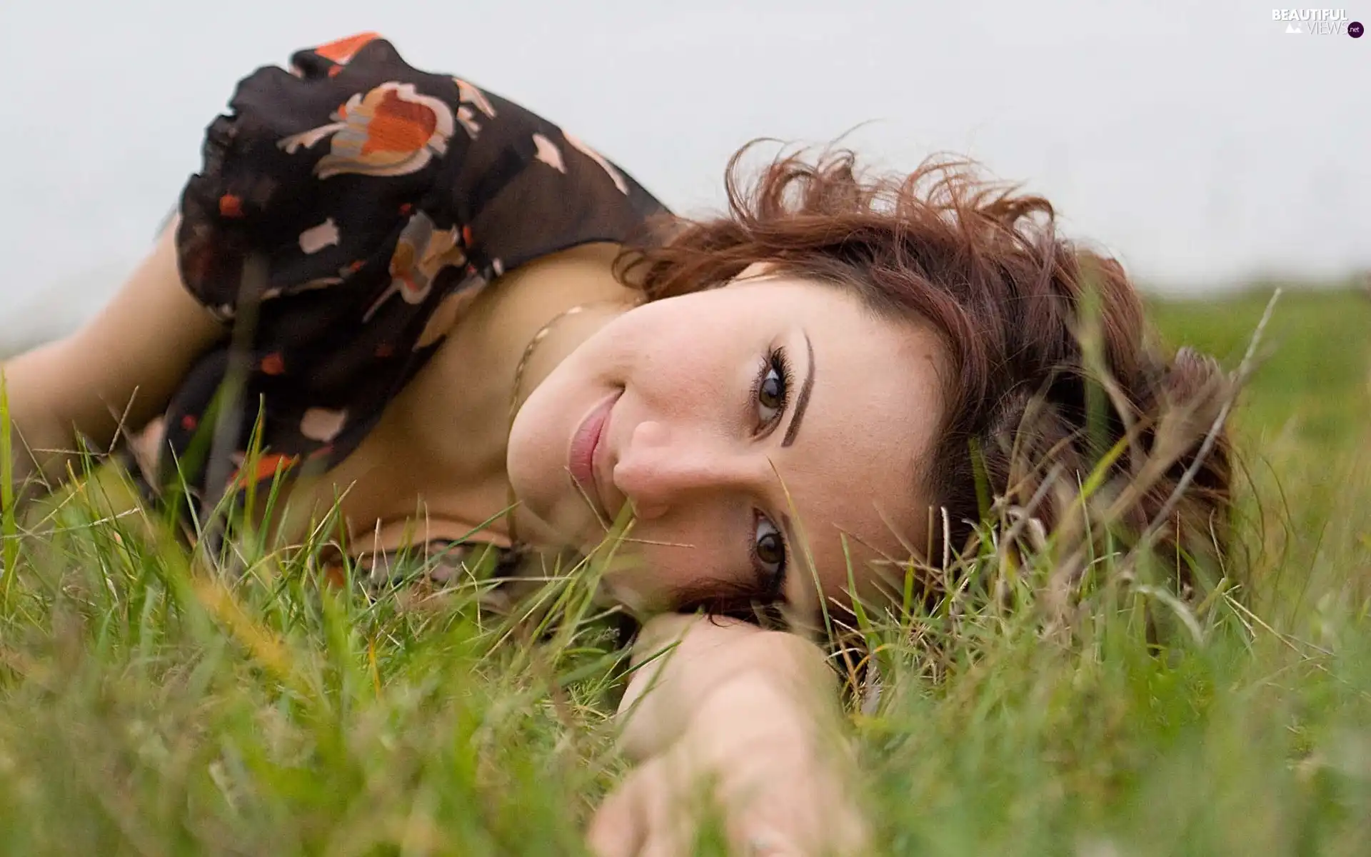 Women, Meadow, resting, The look