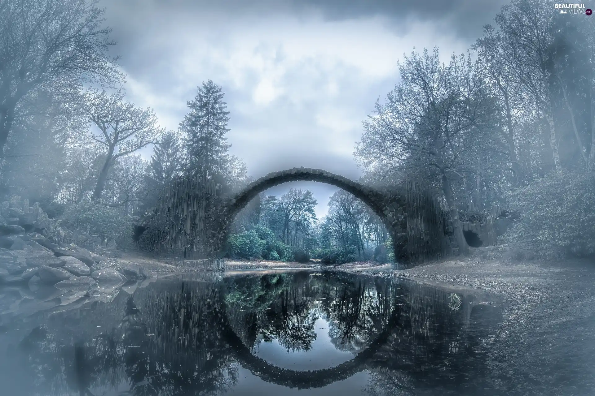 trees, viewes, Germany, Lake Rakotz, Kromlau Rhododendronpark, Arch Bridge, stone, Fog