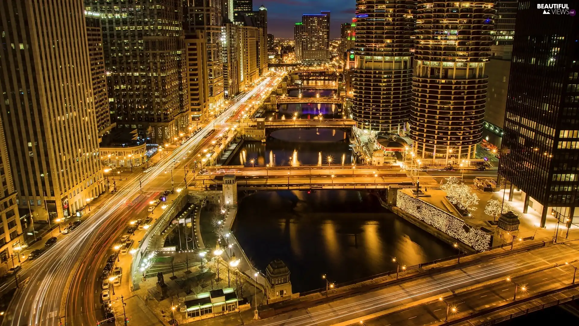 River, Bridges, town, night, panorama