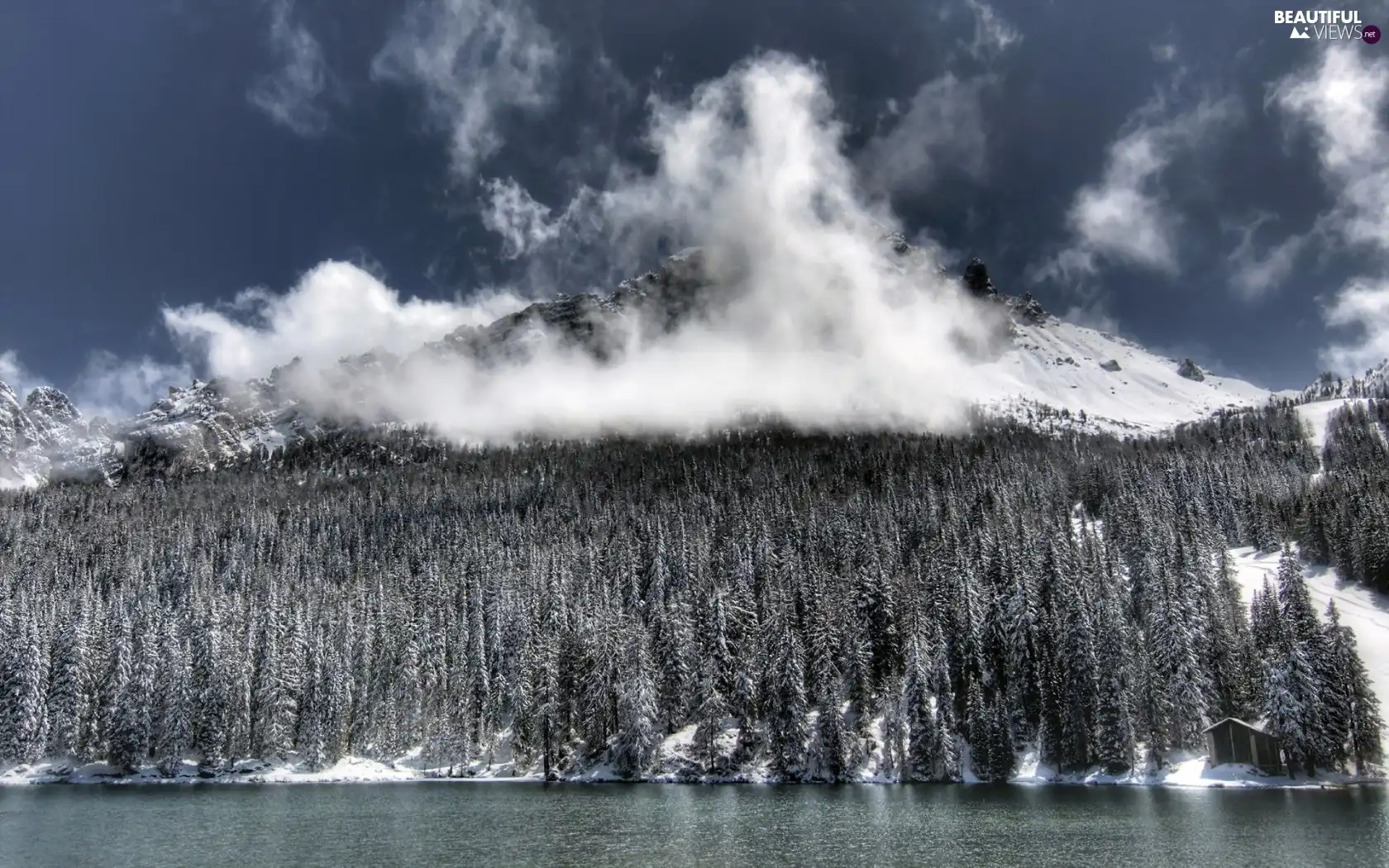 clouds, forest, River, Mountains