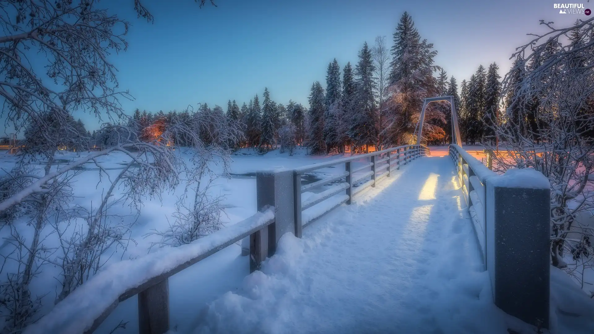 River, winter, bridge, trees, flash, luminosity, ligh, sun, viewes