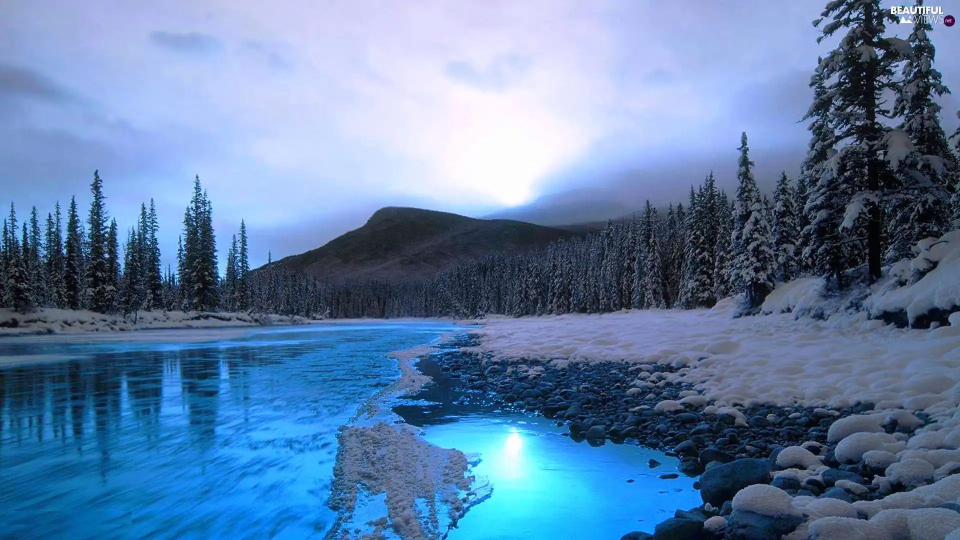 River, winter, Mountains